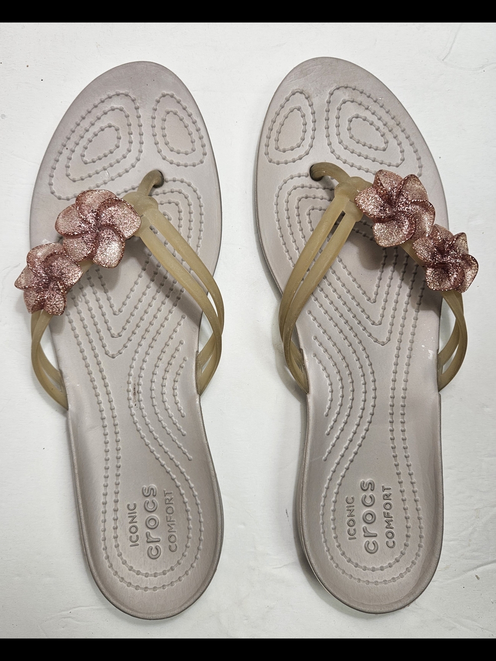 CROCS Women’s Beige Sandals with Rose Gold Floral Accents